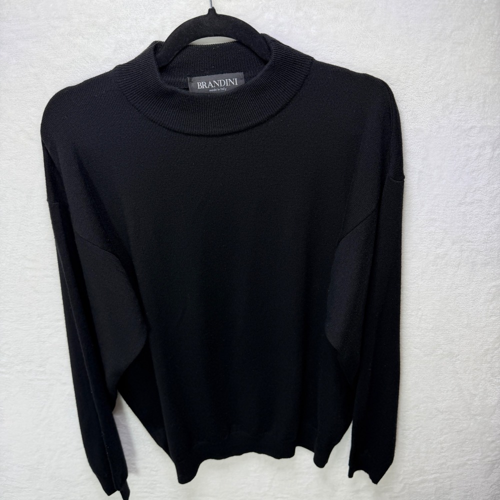 Brandini Mens Large Black 100% Extrafine Merino Wool Mock Neck Sweater Italy